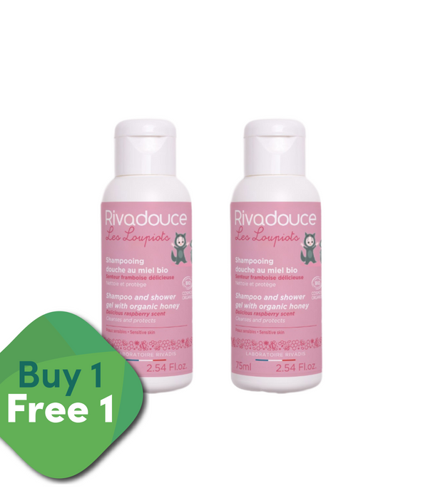 [BUY 1 GET 1 FREE] Rivadouce Loupiots Shampoo and Shower Gel with Organic Honey Delicious Raspberry Scent (Shampooing Douche Loupiots Miel Framboise) 75ml